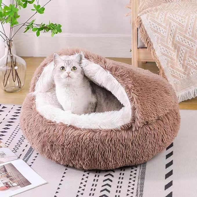 Cat Bed Round Fluffy Hooded Cat Bed Cave, Anti-Anxiety Cave Bed with Hooded Blanket, Cozy Cuddler Luxury Puppy Pet Bed, Anti-Slip Bottom and Machine Washable (Brown, Large)