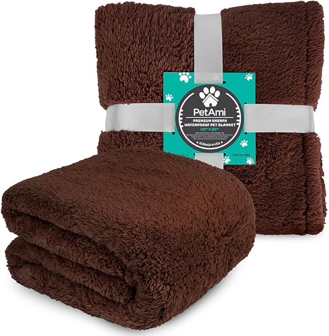 PetAmi Fluffy Waterproof Dog Blanket for Couch and Bed, Reversible Sherpa Pet Throw, Pee Proof Furniture Protector Sofa Cover, Washable Cat Blanket for Medium Large Dogs and Cats (Brown, 60x80)