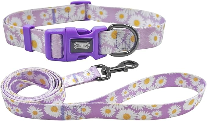 Dog Collar Leash Set, Floral Pattern, Polyester Material, Adjustable Collar and 5ft Matchcing Leash, for Small Dogs.(S, Light Purple Daisy)