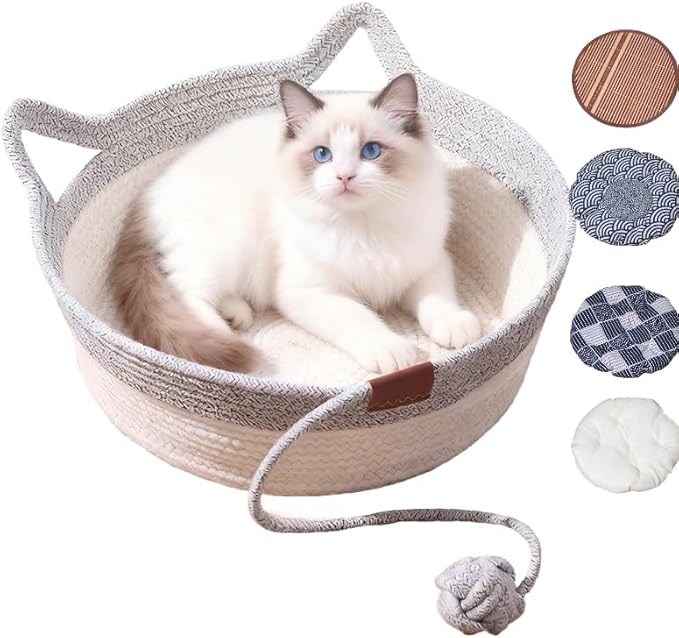 Instinct Basket for Cats & Cotton pad Stimuli Cat Bed with Toy Tail Cats Ear Design Breathable All Season Universal Scratch-Resistant (Grey, S)