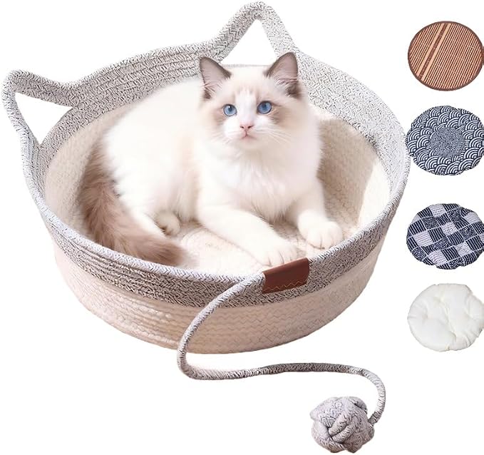 Instinct Basket for Cats & Cotton pad Stimuli Cat Bed with Toy Tail Cats Ear Design Breathable All Season Universal Scratch-Resistant (Dark Green, L)