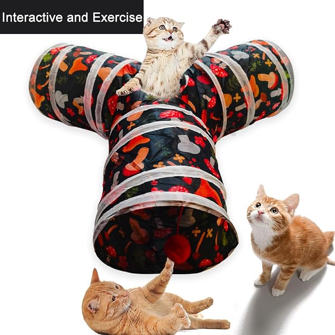 Cat Tunnel Tube Toys，Tunnels for Indoor Cats, Collapsible Interactive Toy with Balls for Rabbits, Kittens, Ferrets, Puppy (Mushroom)