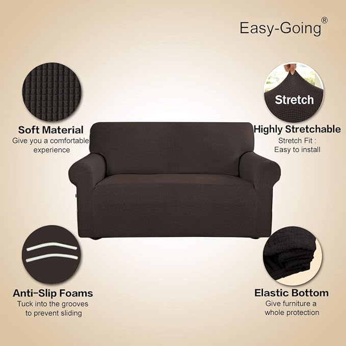 Easy-Going Stretch Sofa Slipcover 1-Piece Sofa Cover Furniture Protector Couch Soft with Elastic Bottom for Kids, Polyester Spandex Jacquard Fabric Small Checks (Sofa, Chocolate)