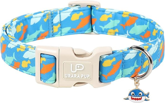 Shark Dog Collar, Summer Cotton Blue Adjustable Pet Collar for Male Dogs, Cute Ocean Pattern Soft Comfortable Durable Buckle with Charm for Boy Dogs