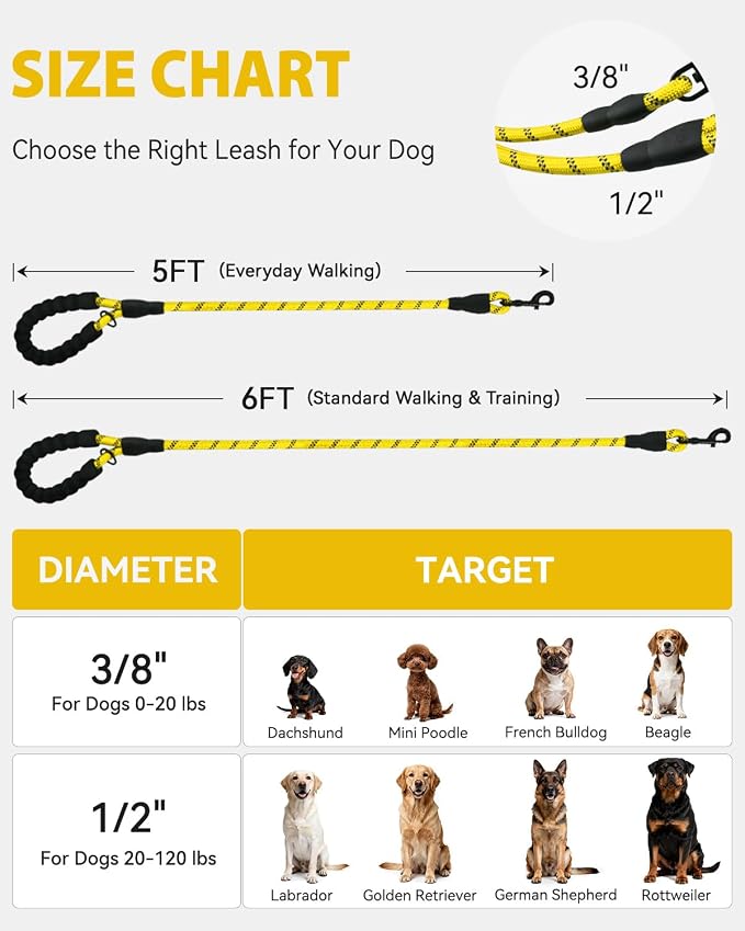 Joytale Dog Leash for Small Dogs, Heavy Duty Nylon Leashes with Comfortable Padded Handle and Highly Reflective Threads, Ideal for Walking and Training, Yellow, 5'×3/8''