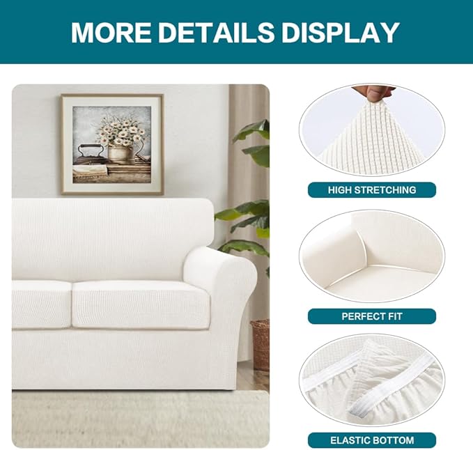 Turquoize 4 Piece Sofa Covers for 3 Cushion Couch Sofa Slipcover Soft Couch Cover for Dogs Washable Furniture Cover with 3 Individual Large Cushion Covers Feature Fabric (Large Sofa, Porcelain White)