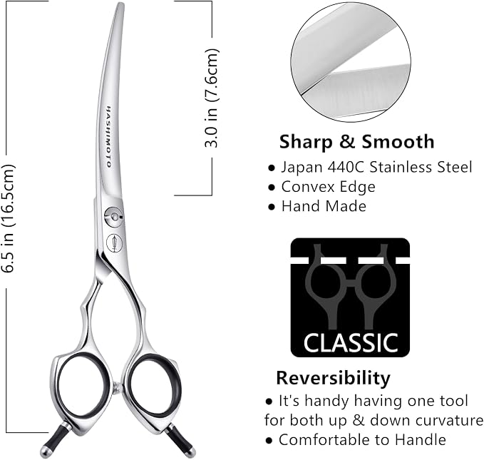 HASHIMOTO Dog Grooming Scissors, Curved Scissors for Dog Grooming, 6.5 inch, 30 Degree of Curved Blade,Light Weight, Pet Shears for Trimming Face and Paws.