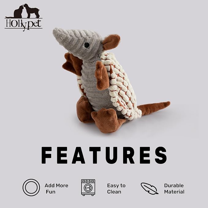 Hollypet Plush Dog Squeaky Toy Stuffed Armadillo Animal Pet Puppy Chew Toys with Clean Teeth for Small Medium Large All Breed Sizes Dogs, Milky White, 8 in