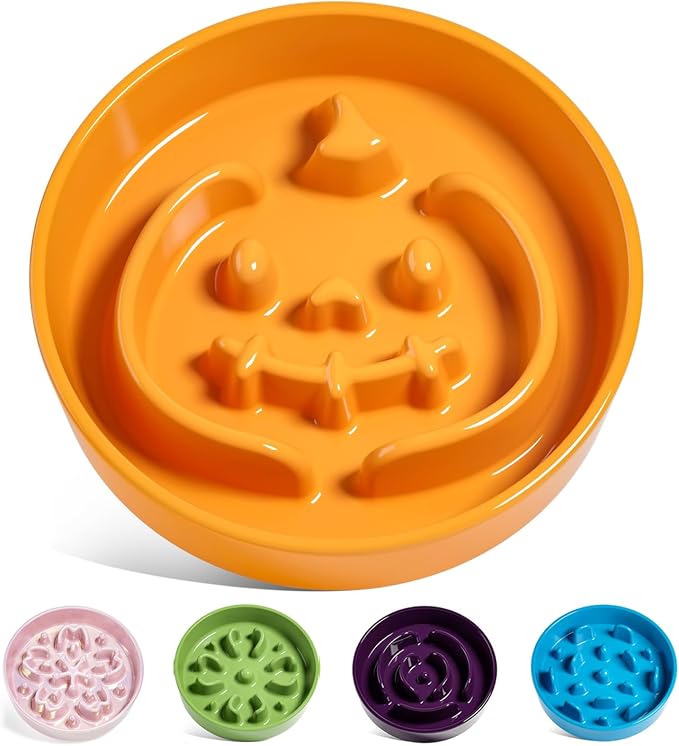 LE TAUCI Ceramic Slow Feeder Dog Bowls Small Breed, 0.6 Cups Dog Food Dish for Fast Eaters, Puzzle Bowl for Dogs and Cats,Pumpkin Orange