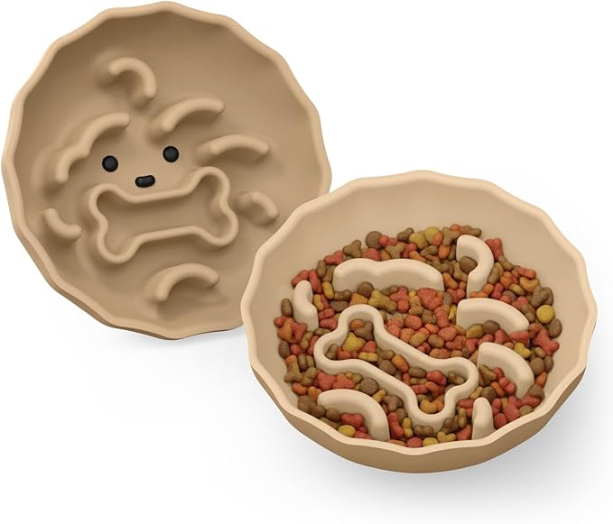 Slow Feeder Dog Bowls Made of Premium Food-Grade Silicone, Anti-Choking & Slow Eating for Improved Digestion, Non-Slip, Soft & Durable, Quiet Dog Bowl, Cute, Dishwasher Safe (Brown, Doggy)