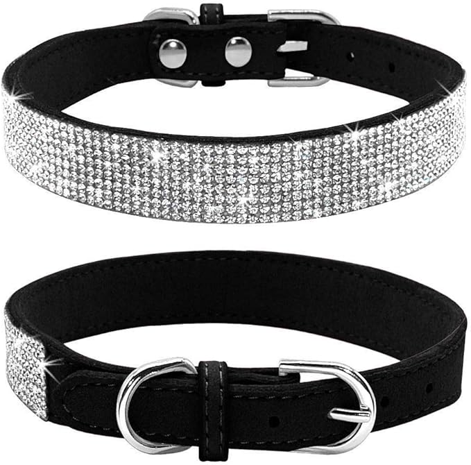 Rhinestone Dog Collar, Cute Dazzling Sparkling Soft Suede Leather Dog Cat Rhinestone Collar Crystal Diamond Pet Dog Puppy Collar(Black,XXS)