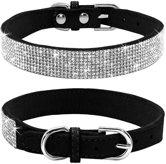 Rhinestone Dog Collar, Cute Dazzling Sparkling Soft Suede Leather Dog Cat Rhinestone Collar Crystal Diamond Pet Dog Puppy Collar(Black,S)
