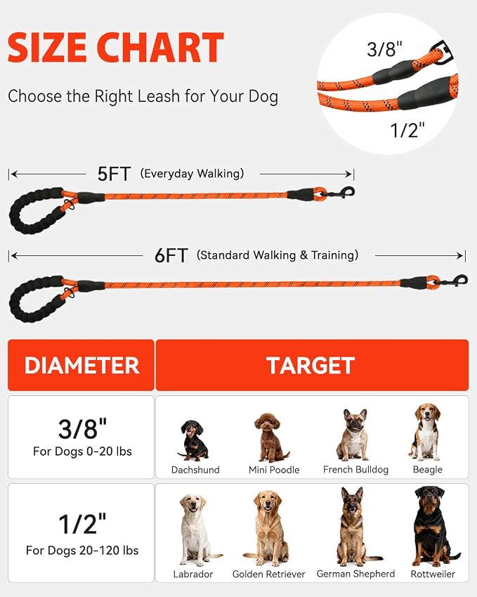 Joytale Dog Leash for Small Dogs, Heavy Duty Nylon Leashes with Comfortable Padded Handle and Highly Reflective Threads, Ideal for Walking and Training, Orange, 6'×3/8''