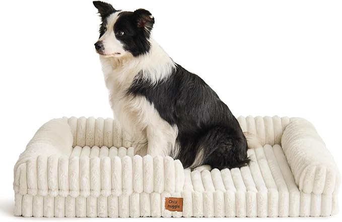Orthopedic Dog Bed for XL Dogs, Washable Dog Bed with Faux Rabbit Fur Waterproof Cover, High Density Egg Crate Foam Support with 3-Sided Bolsters for Senior Dogs, Non-Skid Bottom, 41x30x7, Cream