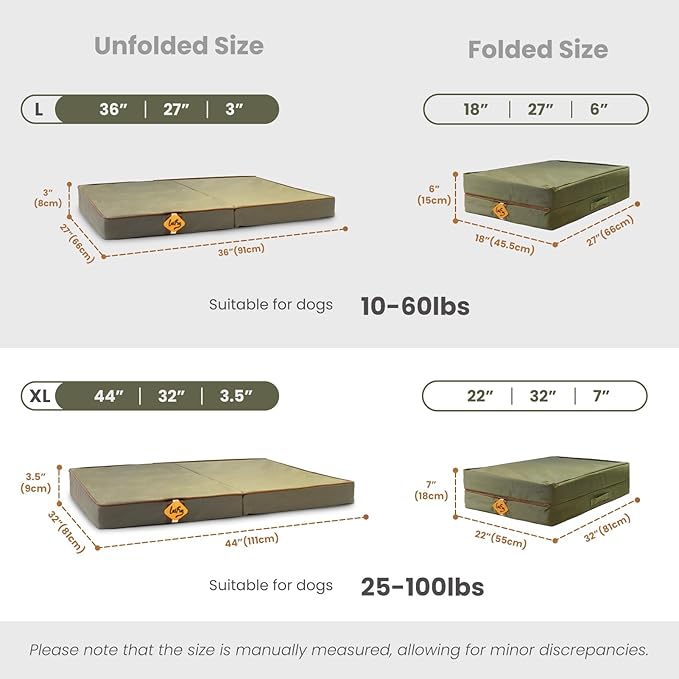 Laifug Foldable Waterproof Dog Bed for Large Dogs - Outdoor Orthopedic Dog Bed with Washable Removable Cover, Pet Mattress with Handles, Army Green, (44 x 32 x 3.5, inches)