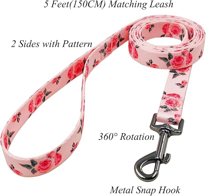 Dog Collar and Leash Set, Cute Rose Pattern, Polyester Material, 5ft Leash, for Puppy Dogs.(Extra Small,Pink Rose)