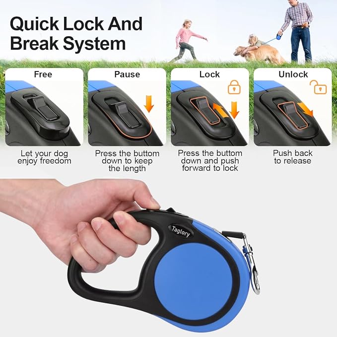Taglory Retractable Dog Leash, 16ft No Tangle Leash Retractable for Medium and Large Dogs Up to 100 lbs, One-Handed Brake, Pause, Lock, Blue