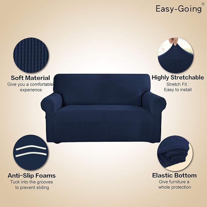 Easy-Going Stretch Loveseat Slipcover 1-Piece Sofa Cover Furniture Protector Couch Soft with Elastic Bottom for Kids Polyester Spandex Jacquard Fabric Small Checks (Loveseat, Navy)
