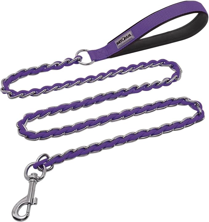 Chain Dog Leash Chew Proof Metal Leash for Medium Large Dogs, Chain Link Dog Anti Chew 5.2FT / 4FT Strong Anti Bite Comfortable Soft Padded Handle (Purple, 4FT（5-30lb）)