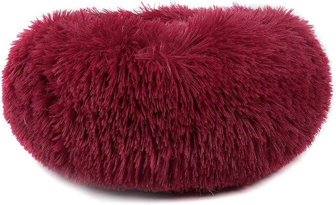 otoez Kitten Puppy Bed Extra Small XS Round Dog Cat Beds Anti Anxiety Plush Pet Calming Donut Bed with Non-Slip Waterproof Bottom, Washable (15.7", Dark Red)