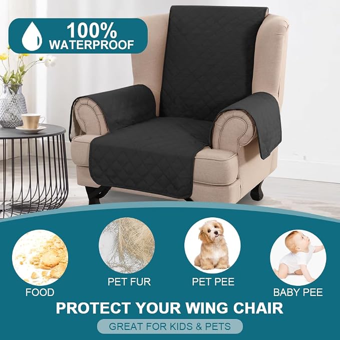 Turquoize 100% Waterproof Wing Chair Cover Wing Armchair Slipcovers Chair Couch Protector Triple Non-Slip Sofa Slipcover for Wing Chair Furniture Protector for Pets, Kids,Dog (Wing Chair, Black)