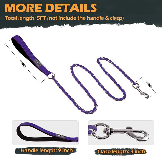 Chain Dog Leash Chew Proof Metal Leash for Medium Large Dogs, Chain Link Dog Anti Chew 5.2FT / 4FT Strong Anti Bite Comfortable Soft Padded Handle (Purple, 5.2FT(80-150lb))