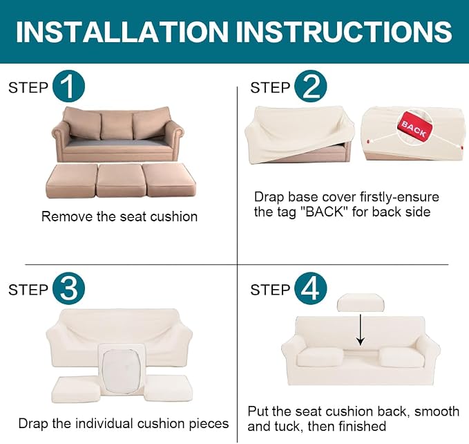 Turquoize 4 Piece Sofa Covers for 3 Cushion Couch Sofa Slipcover Soft Couch Cover for Dogs Washable Furniture Cover with 3 Individual Large Cushion Covers Feature Fabric (Large Sofa, Cream)