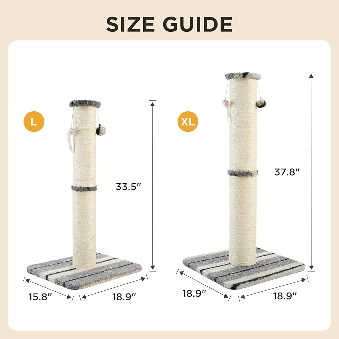 Joydeco Cat Scratching Post 34 Inches Heavy Duty and Thick Scratching Post Sisal Rope with Hanging Ball and Mice for Indoor Cats(Grey)