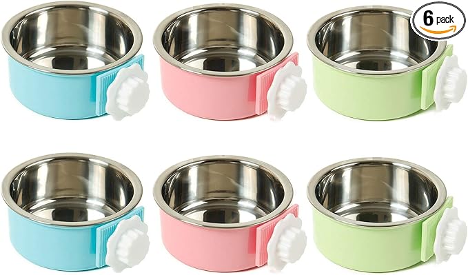 kathson Crate Dog Bowl, Removable Stainless Steel Hanging Pet Cage Bowl Food & Water Feeder Coop Cup for Cat, Puppy, Birds, Rats, Guinea Pigs (6 PCS, Size: M, 2×Blue,2×Green,2×Pink)