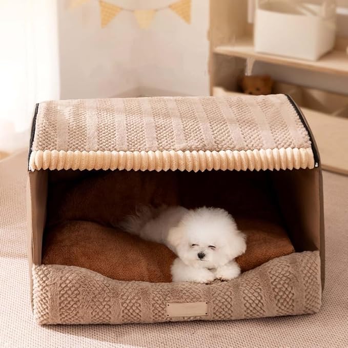 Large Dog House Indoor, Foldable Pet House Bed with Removable Plush Cushion, Warm Covered Dog Cave Nest Bed for Small Medium Extra Large Dogs (Brown, Medium)