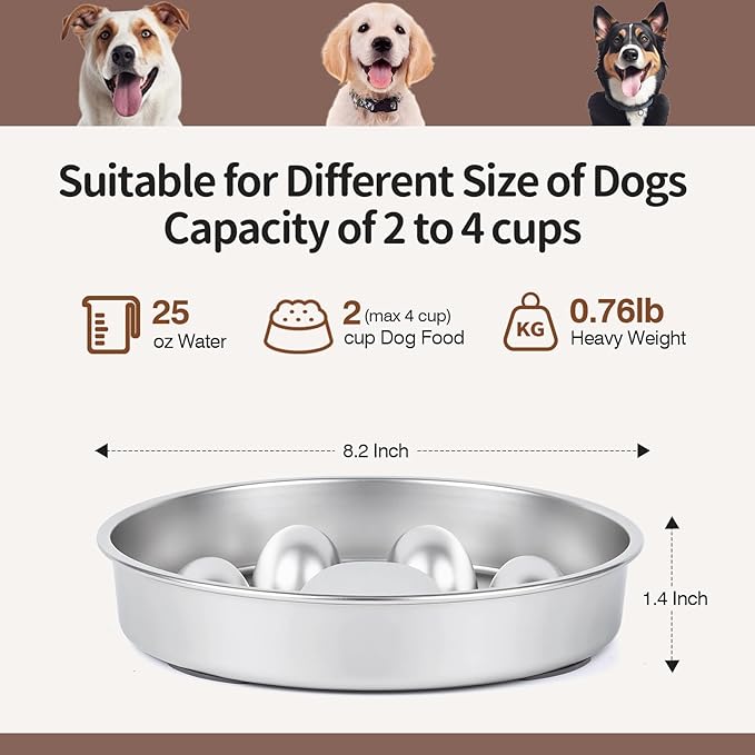 Slow Feeder Dog Bowl for Fast Eating Dogs Stainless Steel Heavy Duty 8.2" with Non-Slip Base, Raised Obstacle Slow Down Eating for Small Medium Large Dogs, Reduces Bloat & Indigestion, Dishwasher Safe