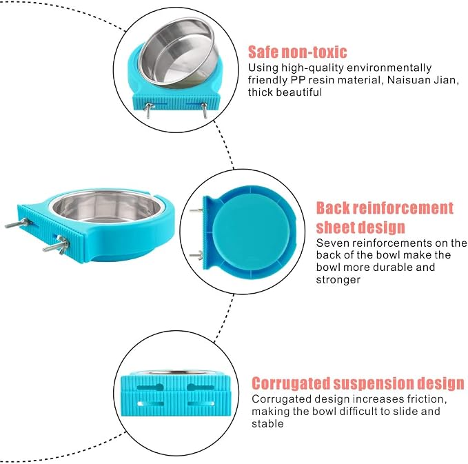 Crate Dog Bowl Removable Stainless Steel Water Food Feeder Bowls Cage Coop Cup for Cat Puppy Bird Pets (Large, Blue with Corrugated Clip)