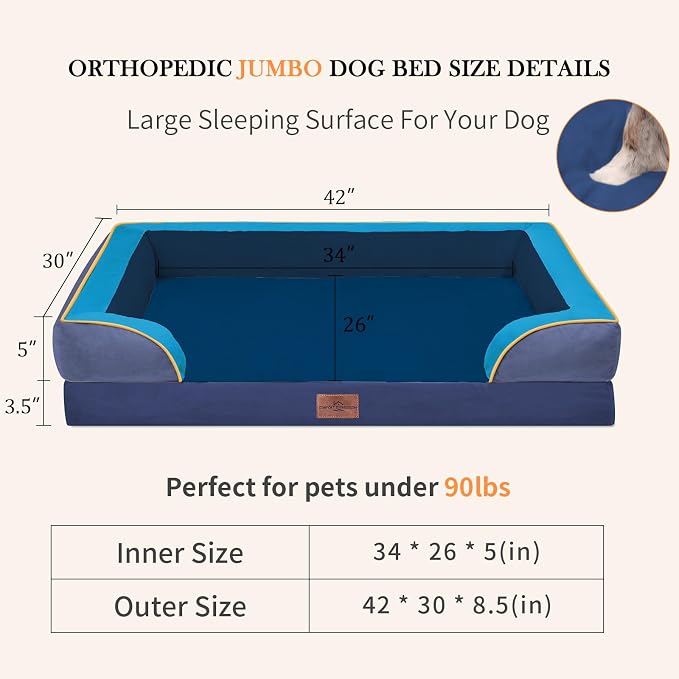 Comfort Expression Orthopedic Dog Bed for Extra Large Dogs 42x30 Inch, Waterproof Egg Crate Foam XL Pet Bed with Bolsters, Dog Couch with Washable Cover & Non-Slip Bottom, Hidden Bay