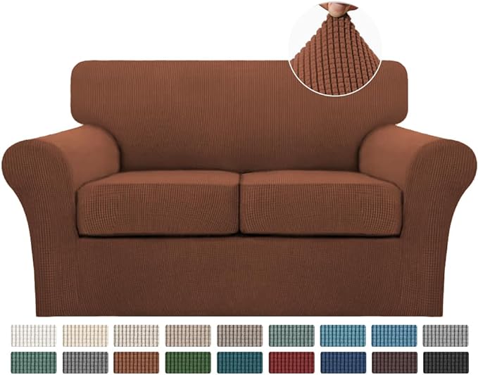 Turquoize 3 Piece Sofa Covers for 2 Cushion Couch Sofa Slipcover Soft Cover for Dogs-Washable Furniture Covers with 2 Individual Cushion Covers, Feature Jacquard Fabric(Loveseat, Caramel)