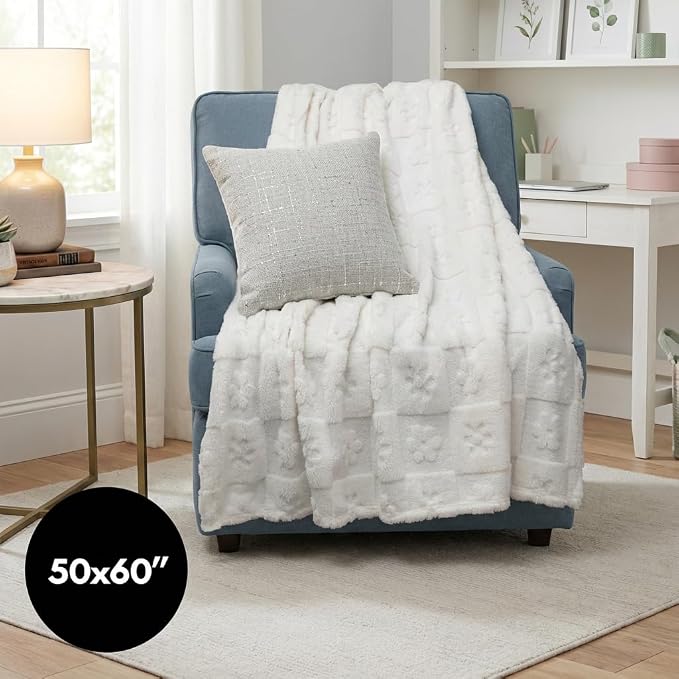 Americanflat 50x60 Jacquard Fleece Throw Blanket - Soft and Breathable Throw Blanket for Couch, Bed, Chair - Fleece Blankets Perfect for Home, Bedroom, or Outdoor Use - Flower Design in Cream