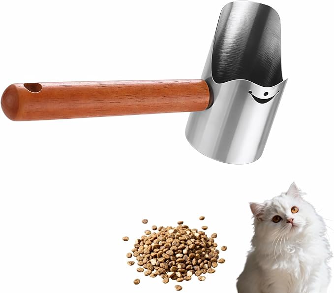 Multi-Pet Food Scoop, Pet Food Measuring Scoop with Wooden Handle,Carbon Steel with Ergonomic Wood Handle, for Dry Food & Treats, Accurate Portion Control for Dog Cat Bird Rabbit. (Grey, Small)