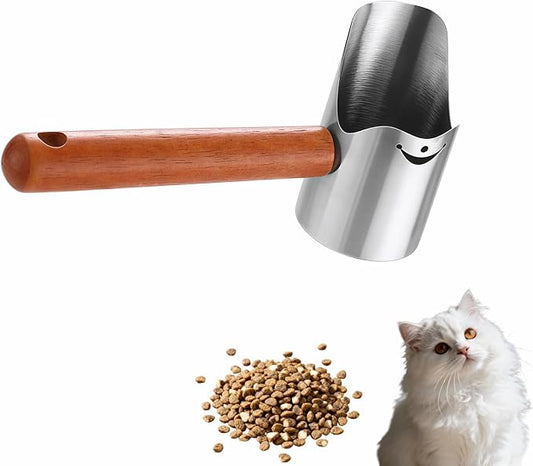 Multi-Pet Food Scoop, Pet Food Measuring Scoop with Wooden Handle,Carbon Steel with Ergonomic Wood Handle, for Dry Food & Treats, Accurate Portion Control for Dog Cat Bird Rabbit. (Grey, Small)