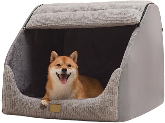 Large Dog House Indoor, Soft Plush Dog Cave Bed Covered Dogs Bed with Fluffy Washable Cushion, Portable Dog/Cat Pet Tent House for Small Medium Dogs (Grey, Large)