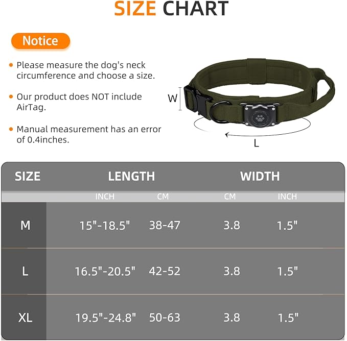 Tactical AirTag Dog Collar, 100% Waterproof Integrated Apple Air Tag Dog Collars with Hard PC AirTag Holder, Adjustable Military Collar with Handle, GPS Dog Collar for Medium Large Dogs(ArmyGreen,L)