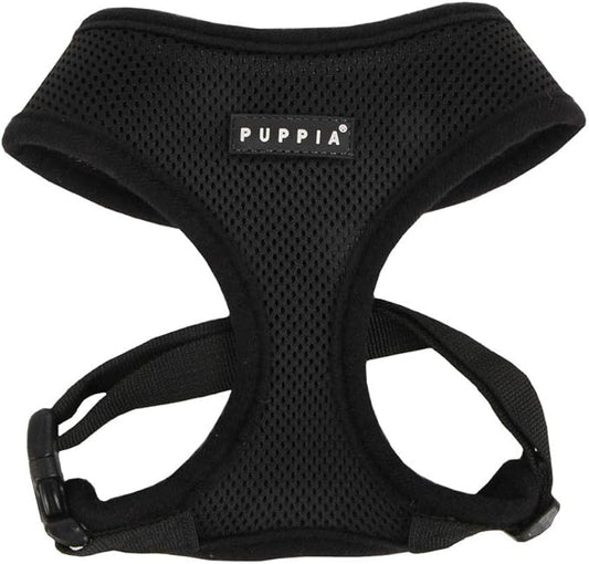 Puppia Soft Dog Harness No Choke Over-The-Head Triple Layered Breathable Mesh Adjustable Chest Belt and Quick-Release Buckle, Black, Medium