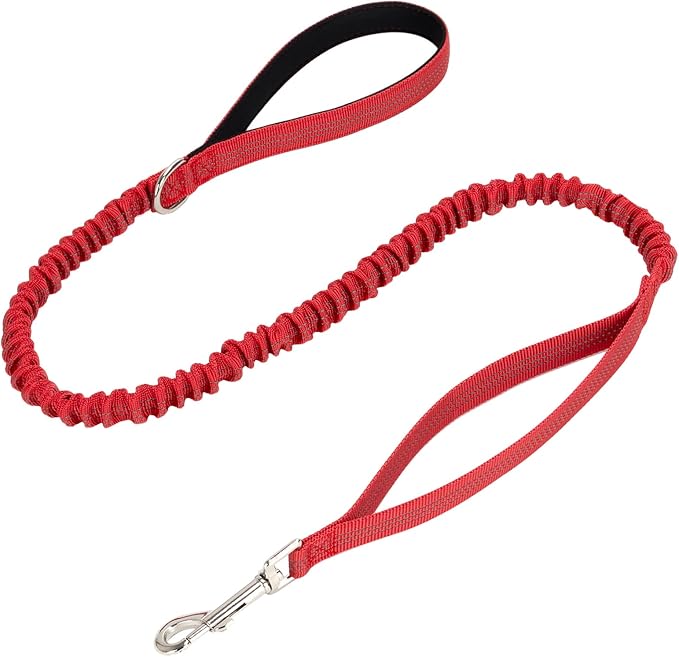 WYuZe 4FT Bungee Dog Leash for Strong Puppy Medium Dogs- Reflective, Shock Absorbing, Elastic Nylon Leash with Padded Handle for Safety Comfort No Pull Walking Training (Red, 3/4"-Wide)