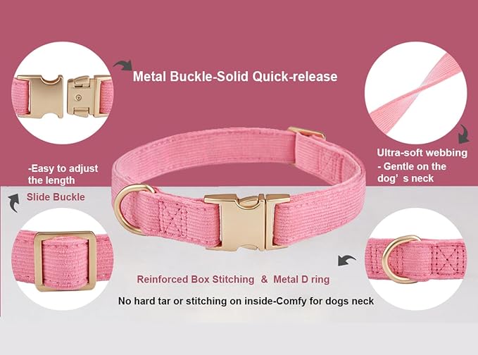 Soft Corduroy Dog Collar and Leash Set Adjustable Durable Dog Collars with Metal Buckle and Lead for Female Large Dogs,Hot Pink