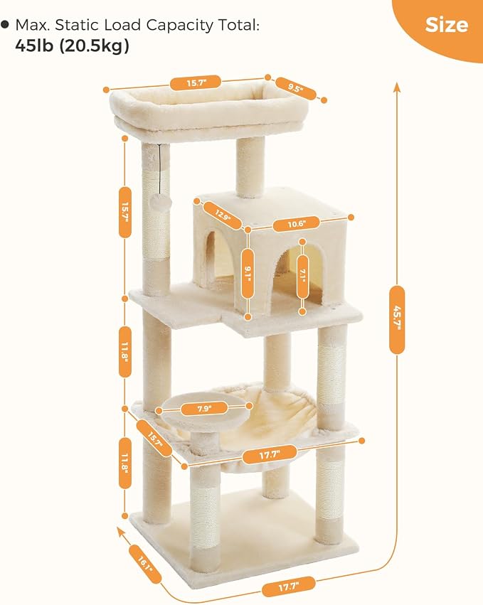 MUTTROS Cat Tree for Indoor Cats, 45.7" Multi-Level Cat Tower with Large Metal Frame Hammock, Cat Condo with 4 Scratching Posts and Top Perch for Small Medium Cat, Beige