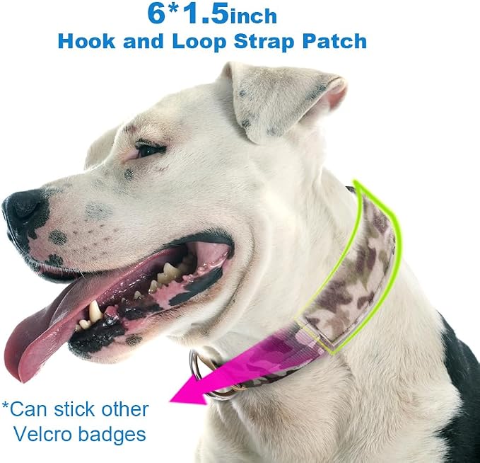 TSPRO Tactical Dog Collar, Adjustable, with Patch & Double Needle Metal Buckle, Heavy Duty for Large to Extra Large Dogs, Durable for Walking, Running, Hiking & Training (Camo Pink L-XL)