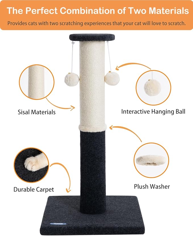 34-Inch Tall Cat Scratching Post, Komicoll Large Scratch Post, Sisal Cat Scratcher, Sturdy and Durable Cat Post with Hanging Ball for Indoor Cats