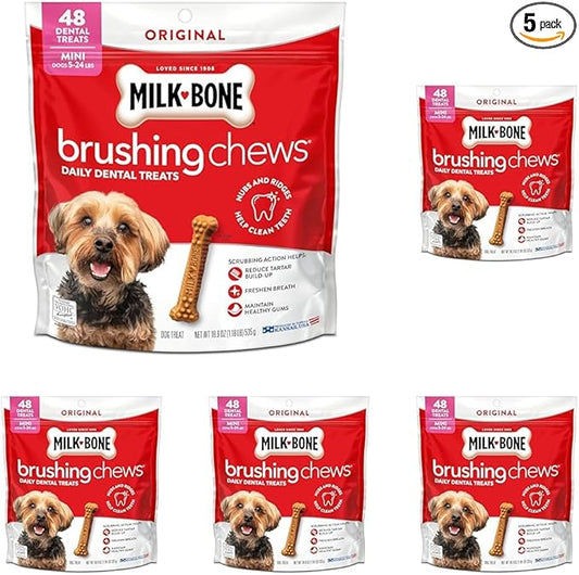Milk-Bone Brushing Chews Original Chicken Flavor Daily Dental Dog Treats, Mini, 18.9 Oz. Bag (Pack of 5)