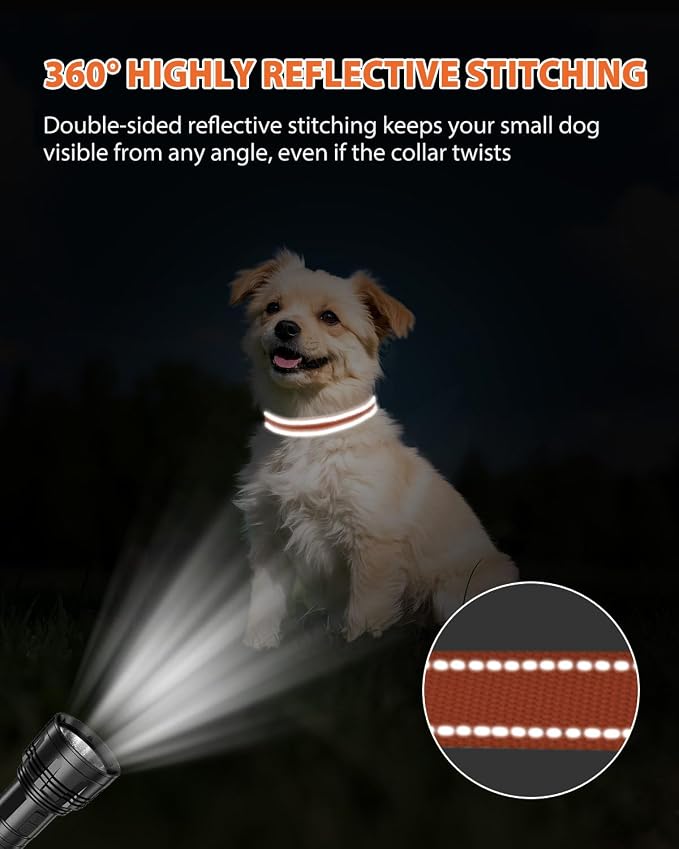 Joytale Dog Collars for Small Dogs, Feather-Light Double-Sided Reflective Nylon Collar for Night Safety, Adjustable Quick-Release for Growing Puppies, Orange, S (5/8" Width)