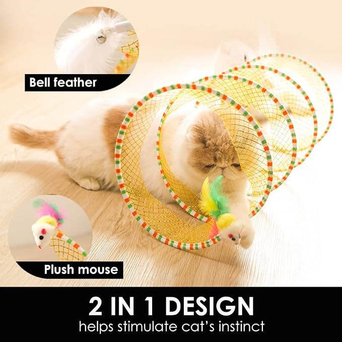 Spiral Tunnel Cat Toy, 25.59 Inches Unfolded with Cat Wand Self Play Collapsible, Hunting Spiral Tunnel with Feather Mouse Toys and Bell for Indoor Kitten Play Chase Exercise (Blue)