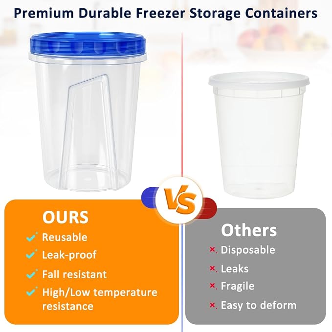 10 Pack 34oz Reusable Freezer Food Storage Containers with Twist Top Lids, Airtight Plastic Meal Prep Food Containers for Leftover Lunch Fruit Salad Oats, Clear Large Soup Container Microwave Safe