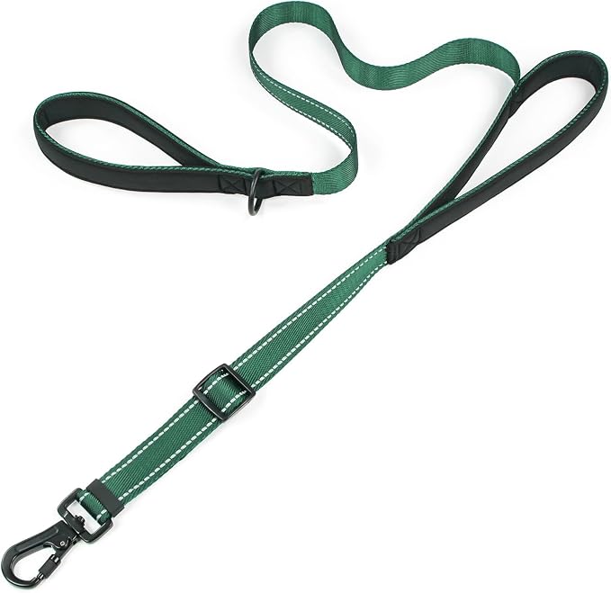 Reflective Double Handle Dog Leash for Large Dogs, Heavy Duty Adjustable Leash with Soft Padded Handles, Traffic Control Training Lead for Walking, Running (Dark Green, L)